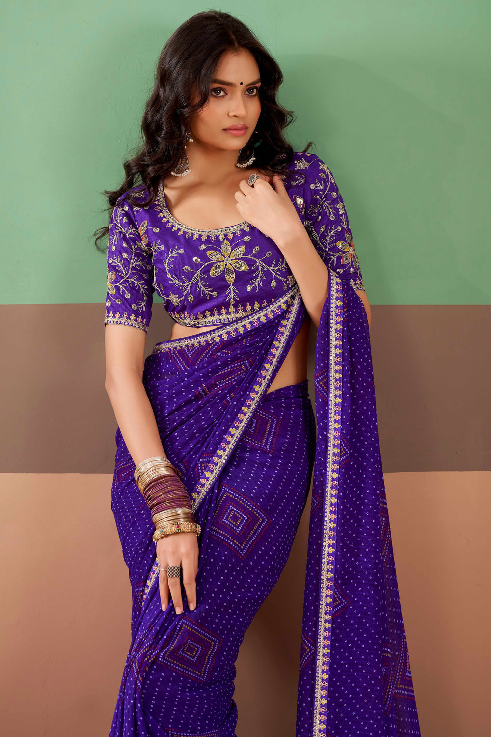 Purple Pure Georgette Chiffon Bandhani Print Saree 