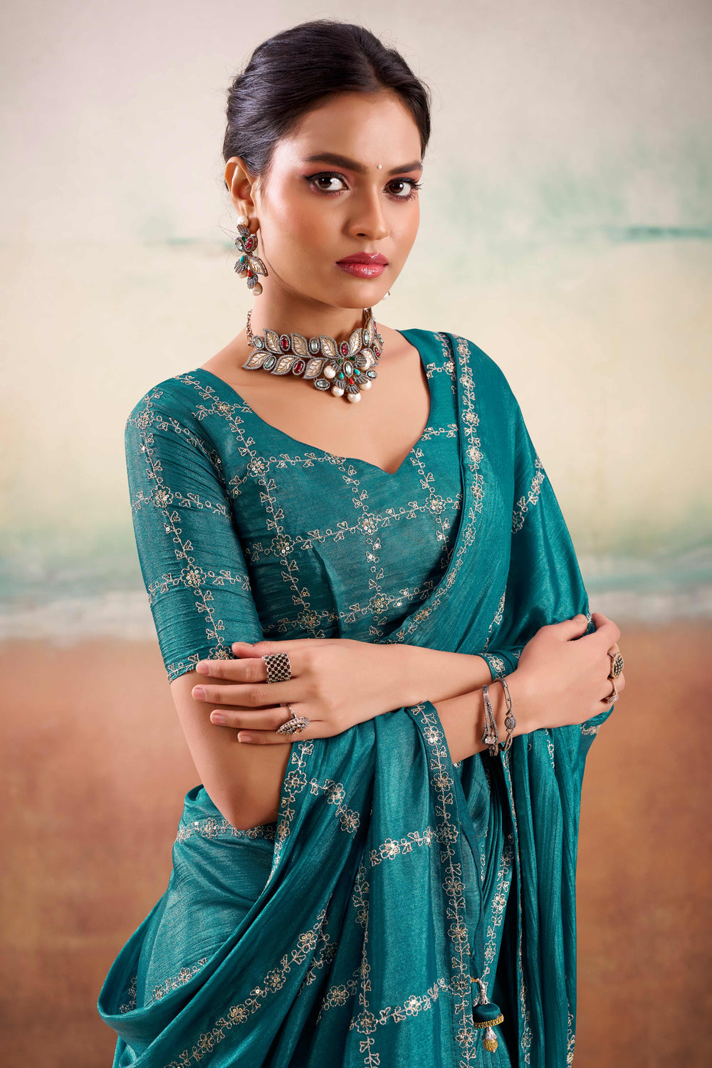 Teal Two Tone Chiffon Saree ##color## Chiffon Sarees with premium fabric and embroidery