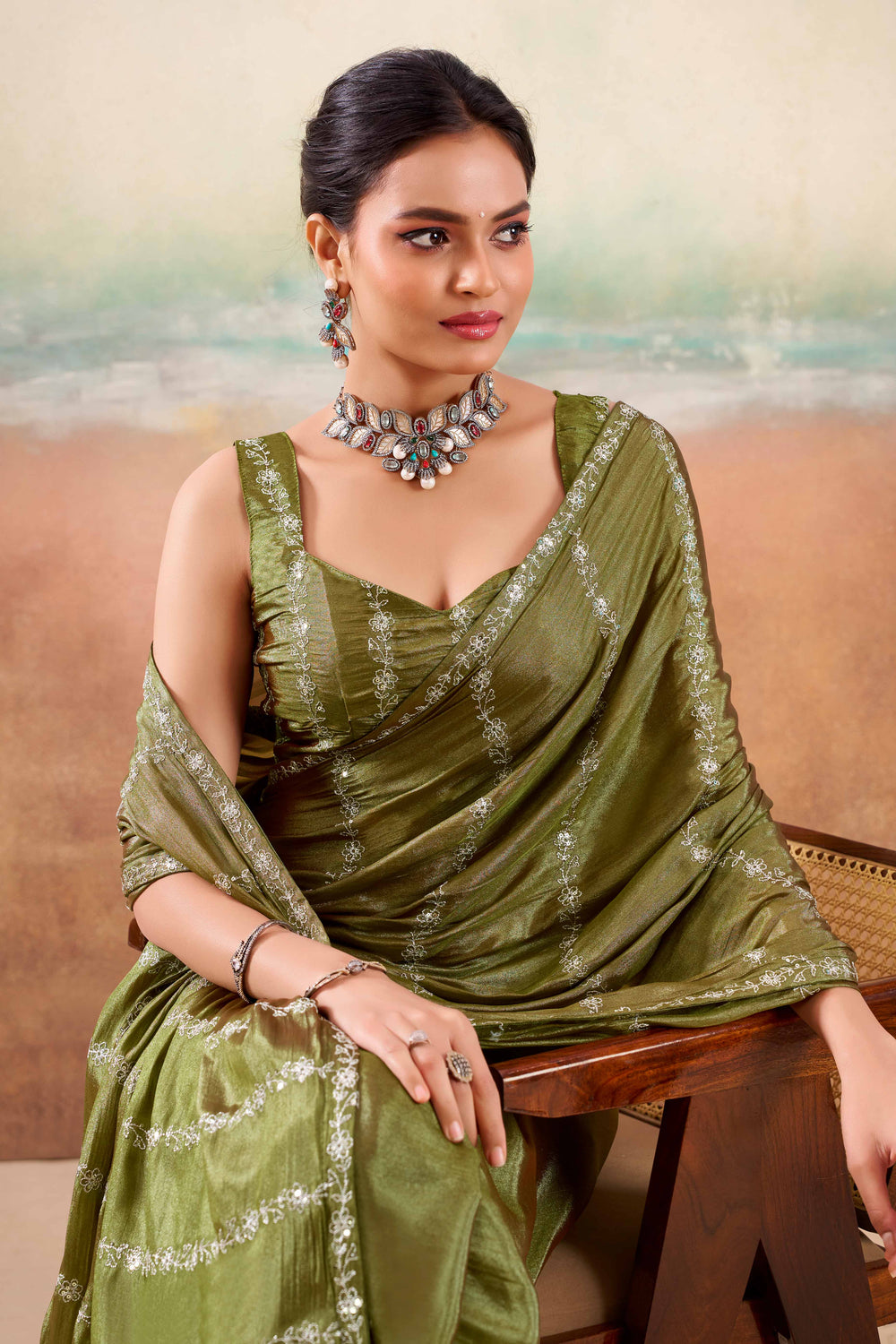 Olive Two Tone Chiffon Saree 