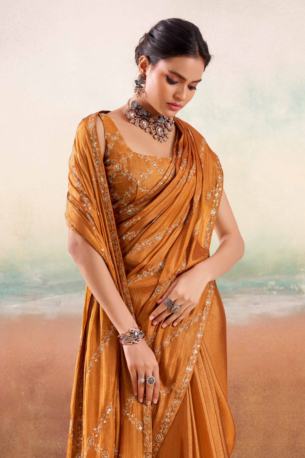 Burnt Orange Two Tone Chiffon Saree 