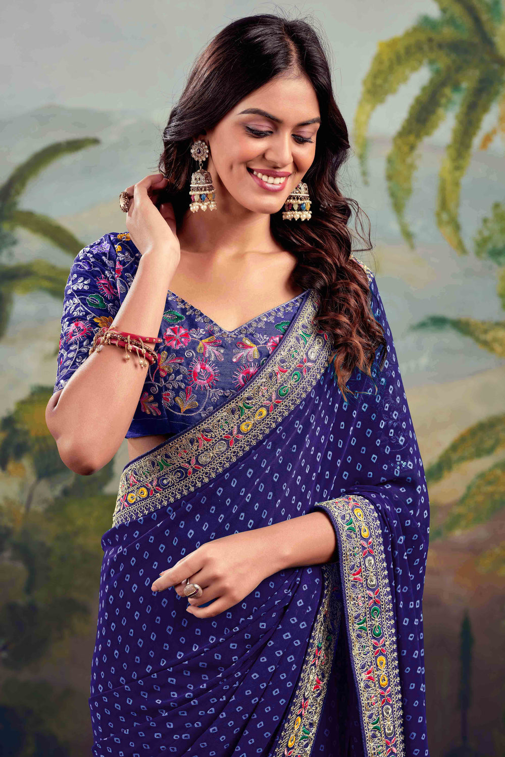 Blue Bandhani Printed Georgette Saree With Embroidered Border 
