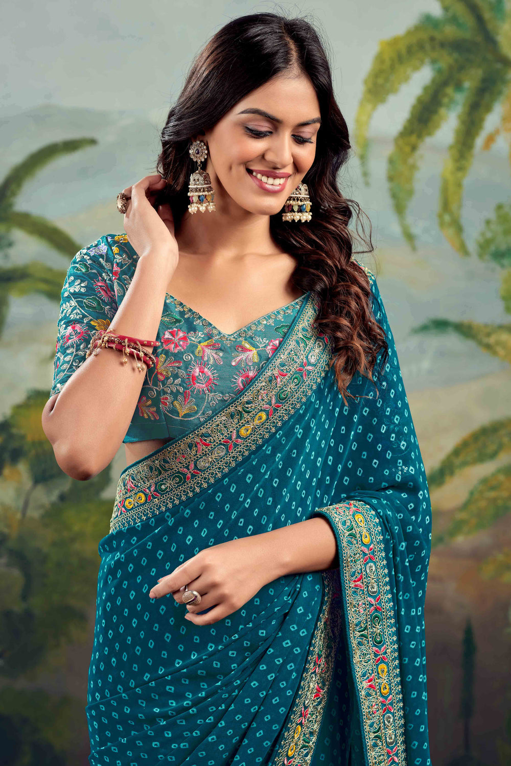 Teal Bandhani Printed Georgette Saree With Embroidered Border 