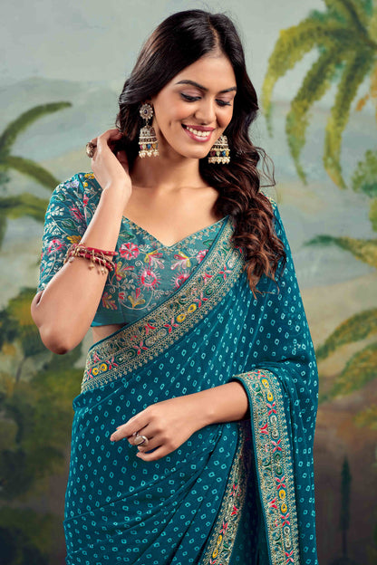 Teal Bandhani Printed Georgette Saree With Embroidered Border 