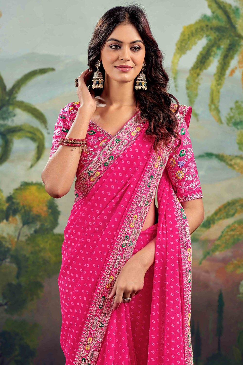 Pink Bandhani Printed Georgette Saree With Embroidered Border 