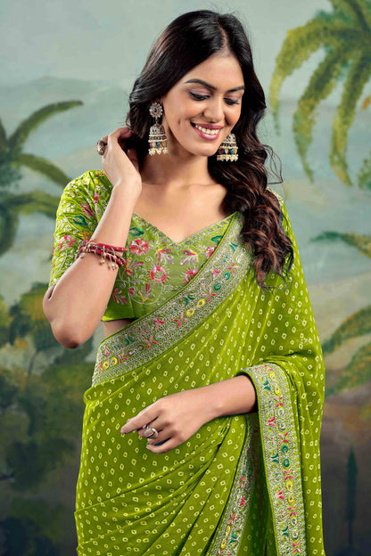 Green Bandhani Printed Georgette Saree With Embroidered Border 