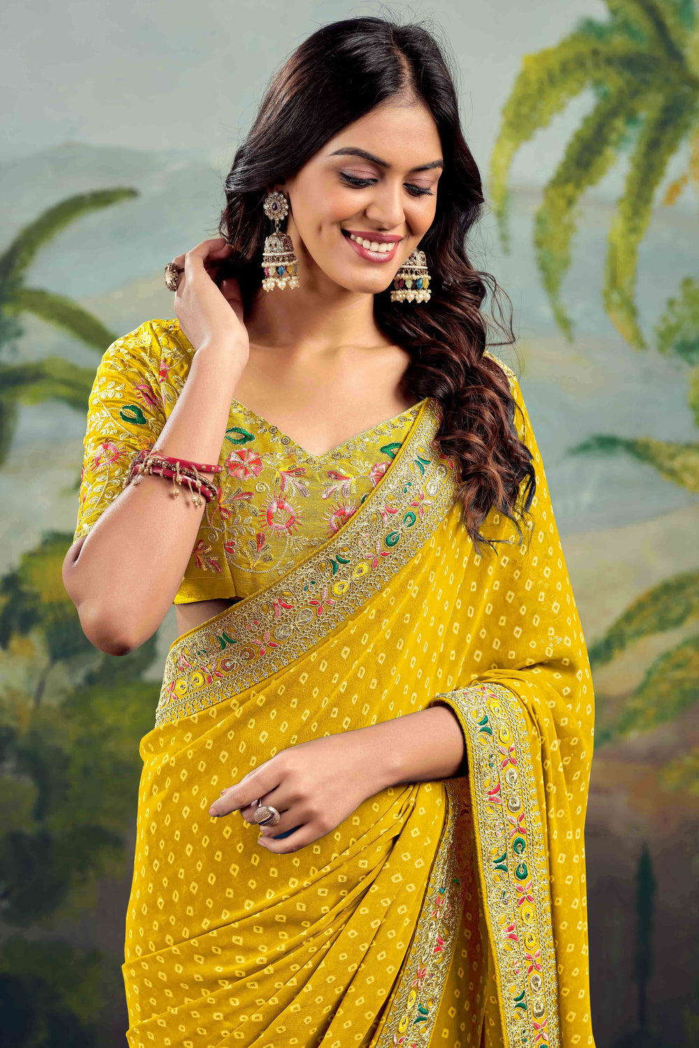 Mustard Bandhani Printed Georgette Saree With Embroidered Border 