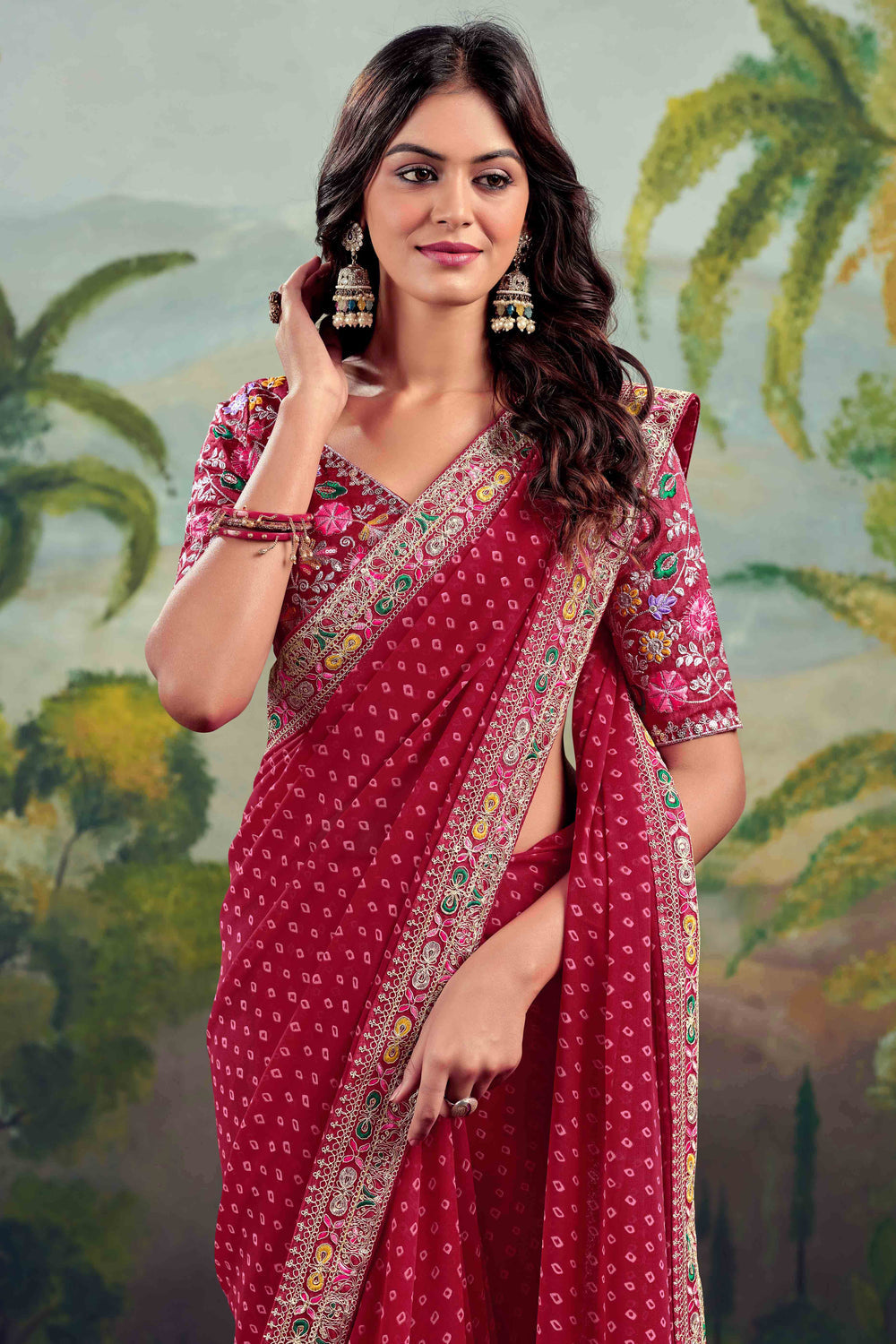 Maroon Bandhani Printed Georgette Saree With Embroidered Border ##color## Georgette Saree with premium fabric and embroidery