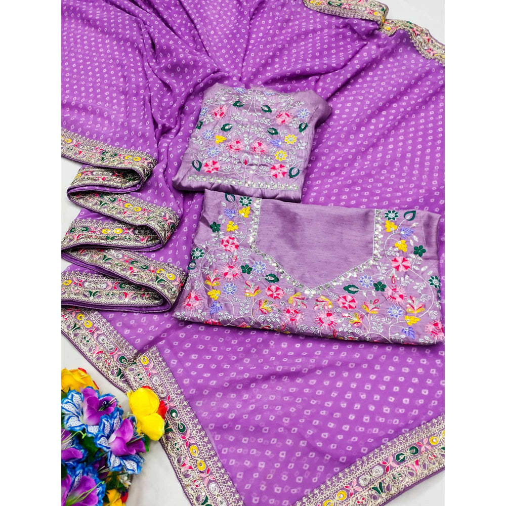 Lavender Bandhani Printed Georgette Saree With Embroidered Border 