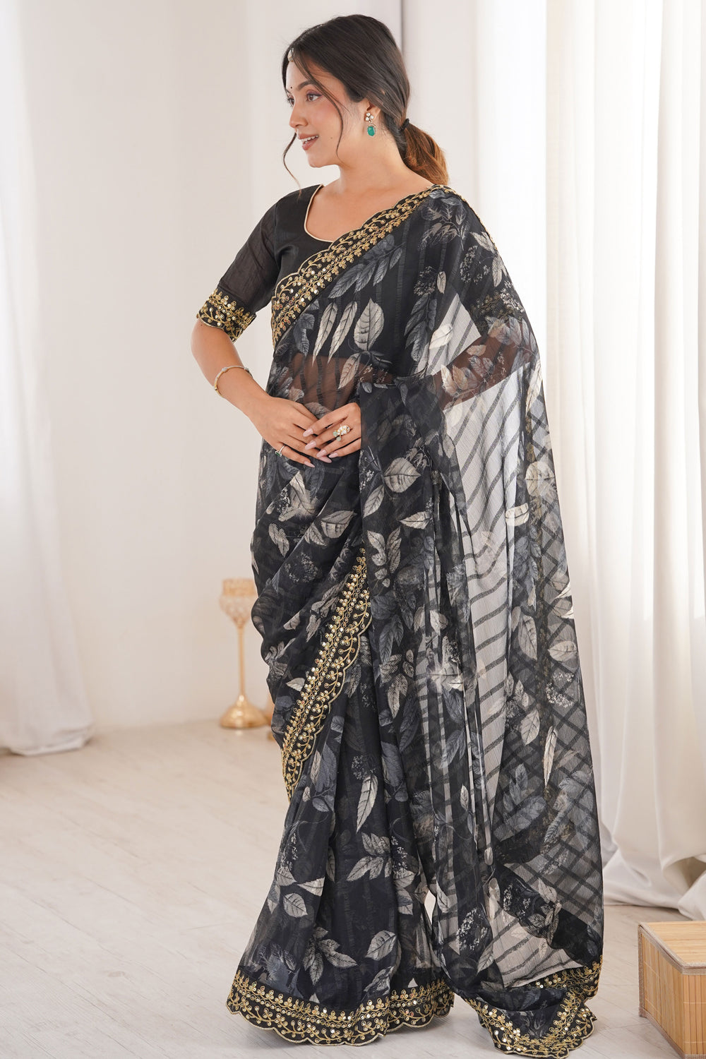 Black Pure Georgette Floral Print Sequins Saree 
