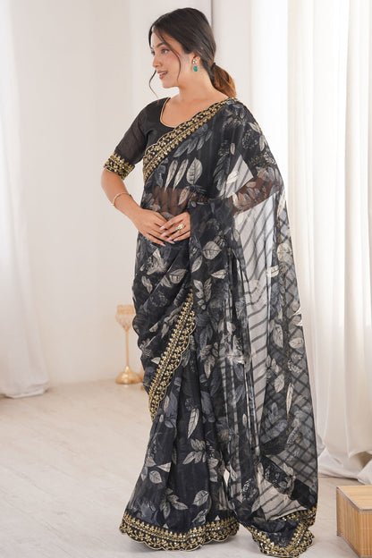 Black Pure Georgette Floral Print Sequins Saree 