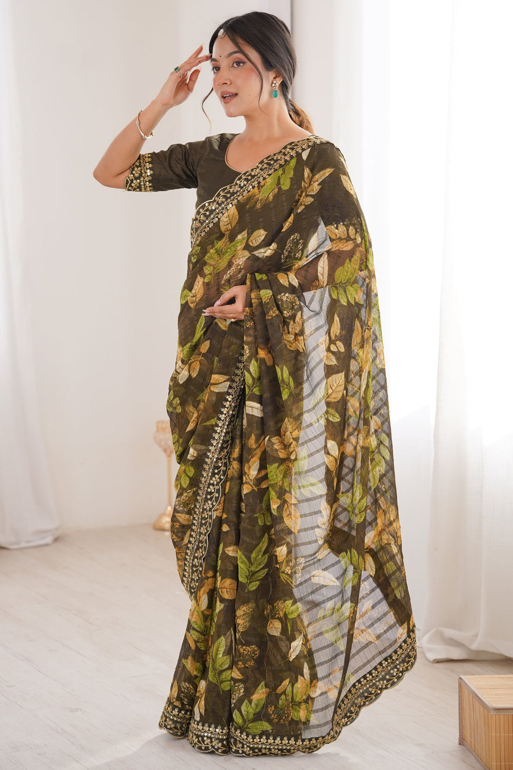 Green Pure Georgette Floral Print Sequins Saree 