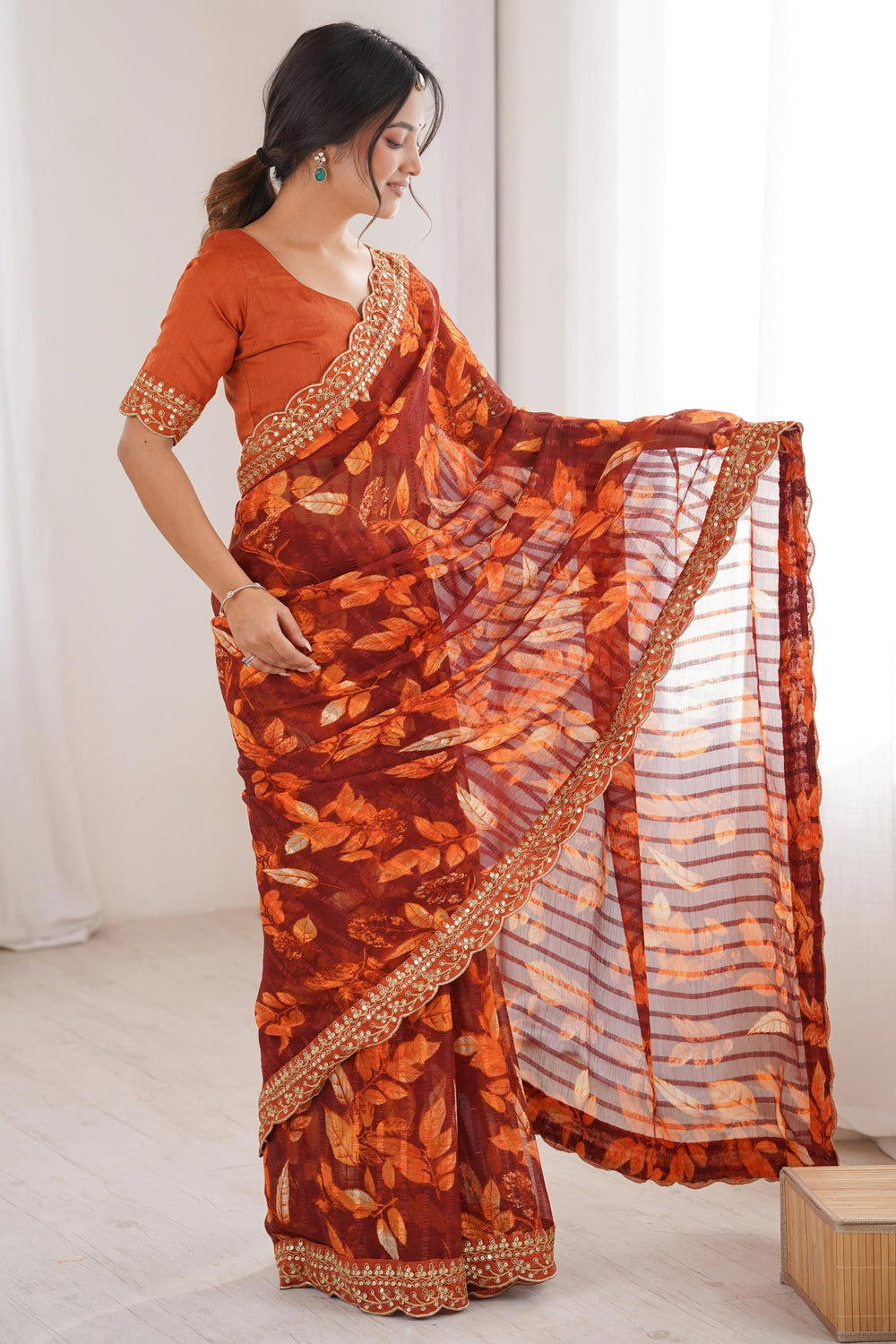 Rust Pure Georgette Floral Print Sequins Saree 