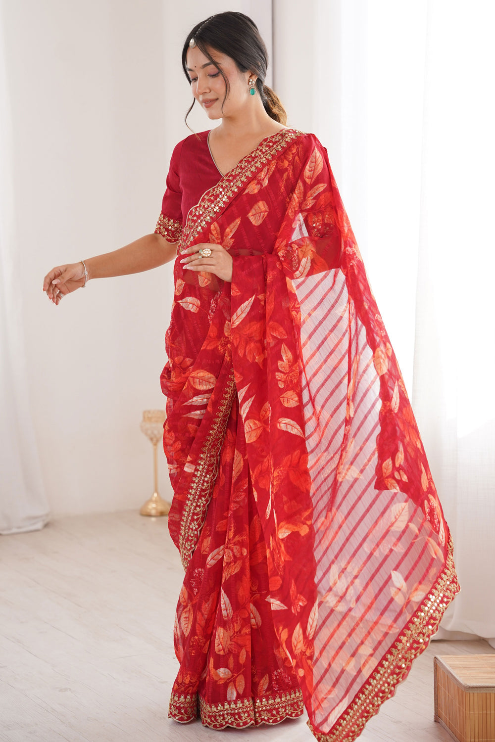 Red Pure Georgette Floral Print Sequins Saree 