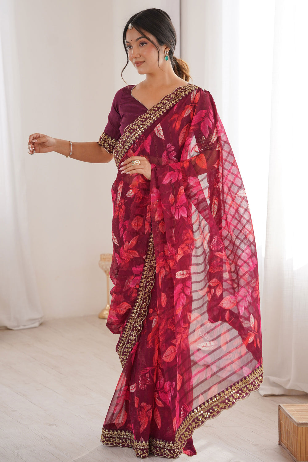 Wine Pure Georgette Floral Print Sequins Saree 