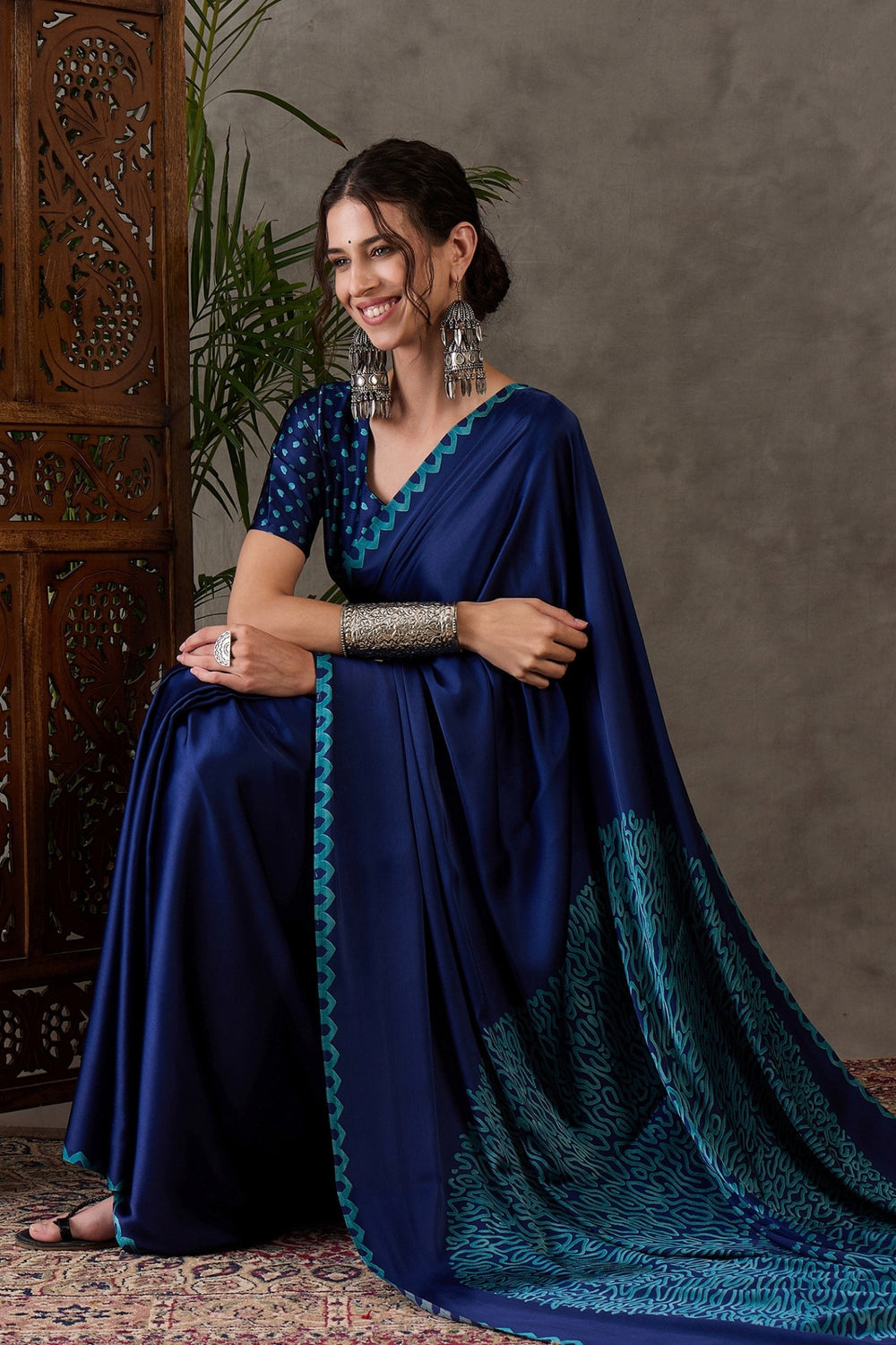 Blue Pure Gaji Silk Satin Printed Saree