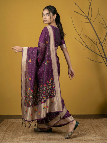 Wine Pure Organza Silk Meenakari Jamdani Zari Woven Organza Saree