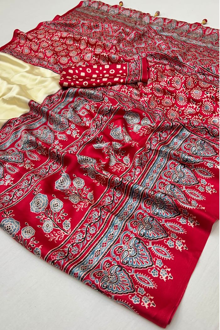 Cream and Red Pure Soft Modal Satin Ajrakh Print Satin Saree Japan Satin Saree Anant Tex Exports Pvt.Ltd..