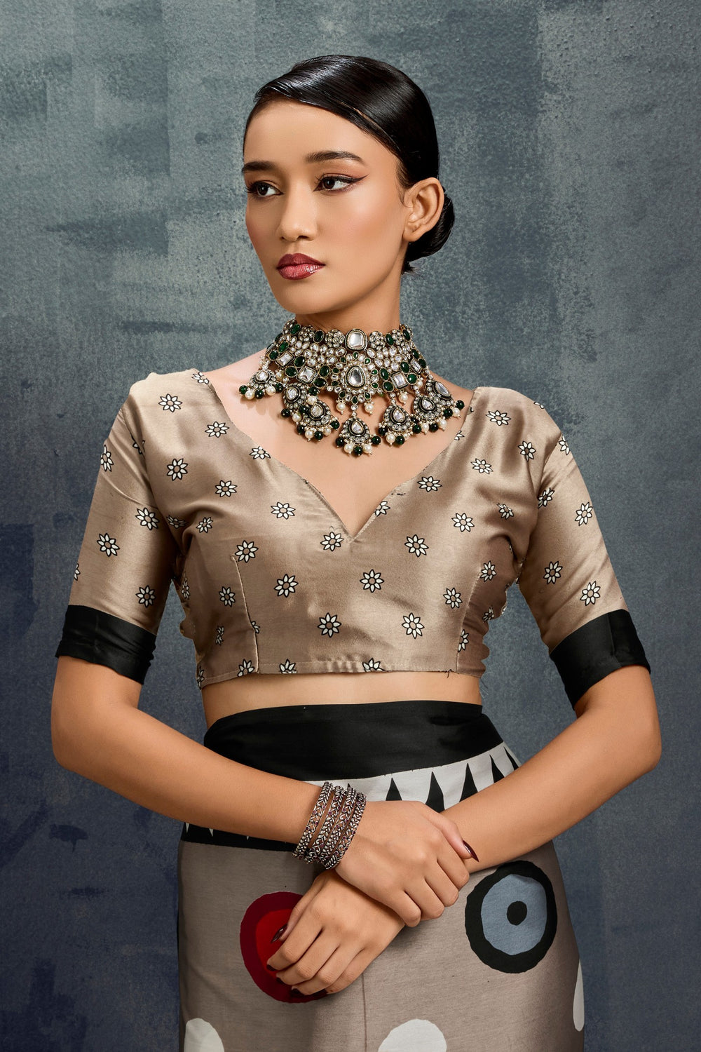 Grey Ajrakh Printed Satin Crepe Silk Saree 