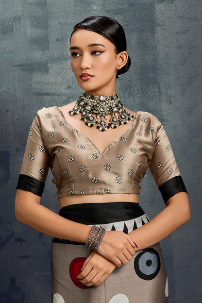 Grey Ajrakh Printed Satin Crepe Silk Saree 