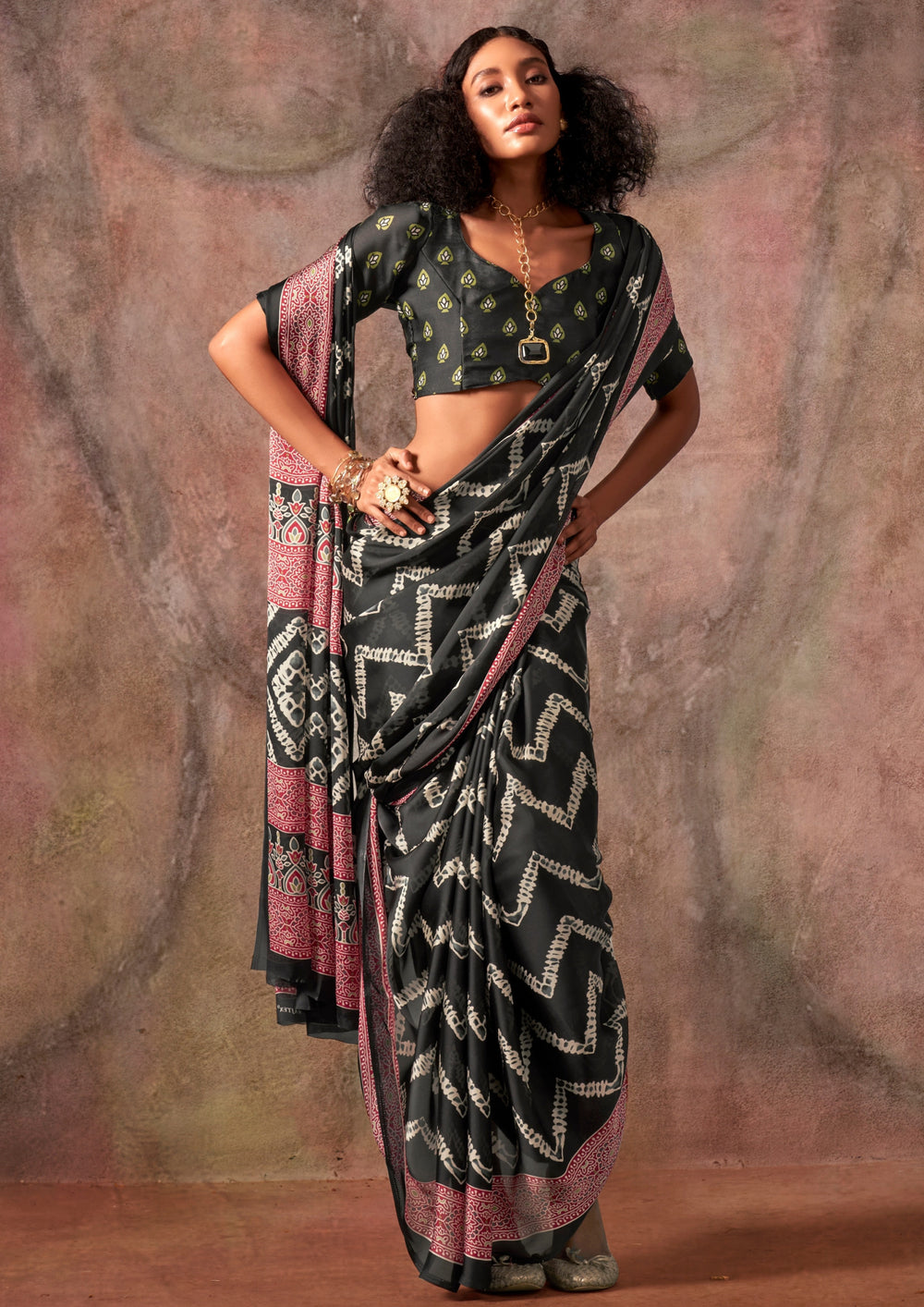 Black Raisins Ajrakh Printed Satin Georgette Silk Saree 