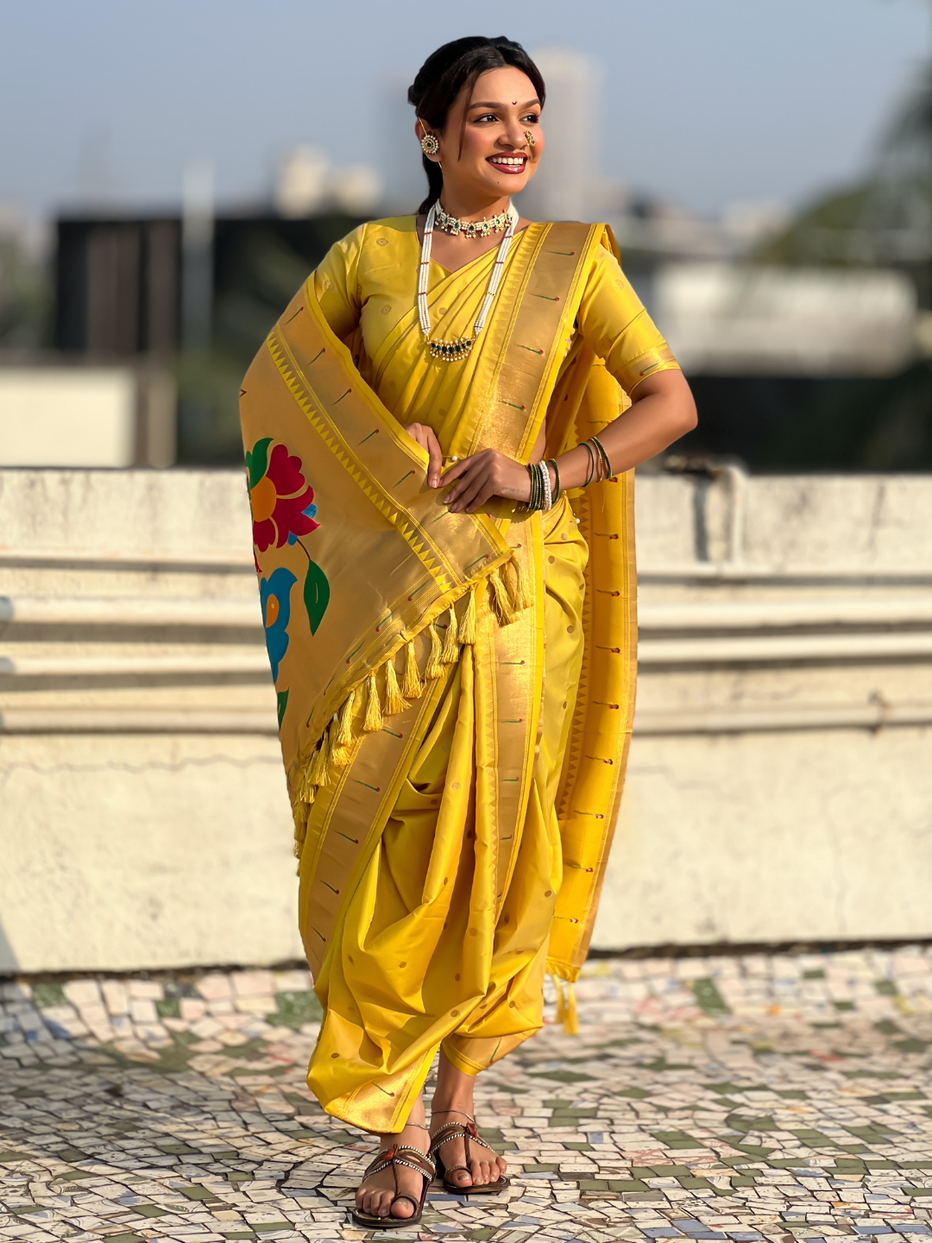 Yellow Wedding Special Nauvari Paithani Soft Silk Saree 