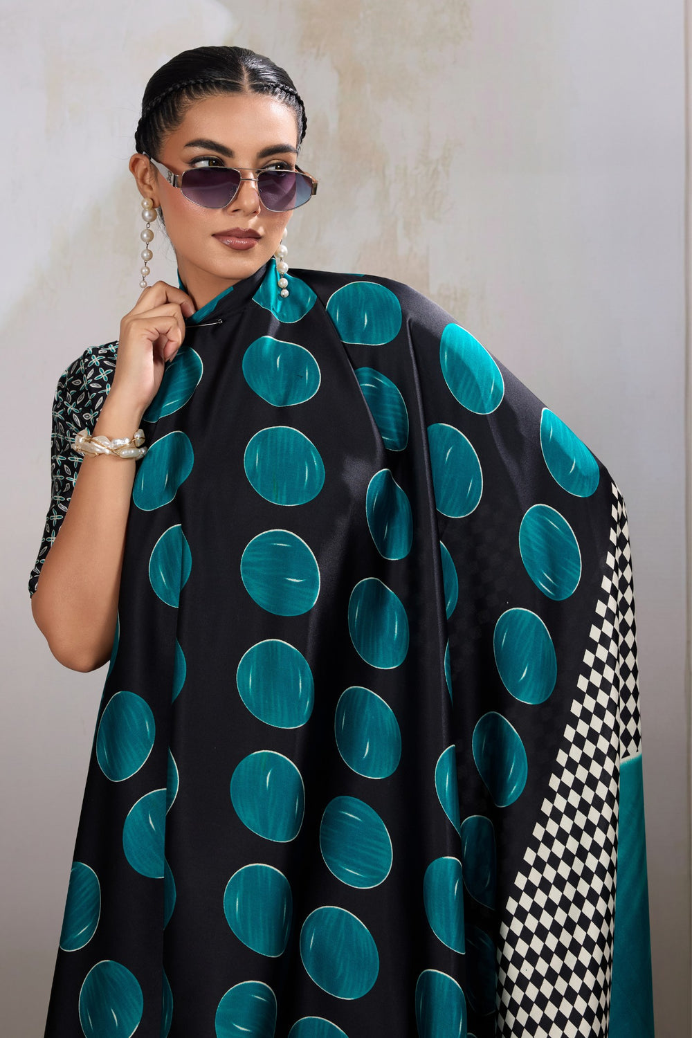 Havelock Blue Printed Polka Dots Satin Crepe Saree 