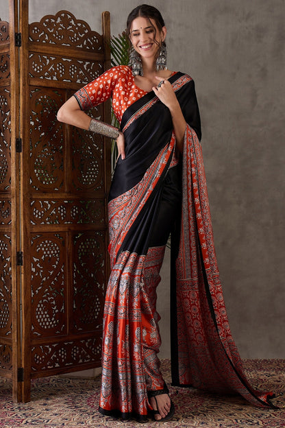 Licorice Black Pure Soft Modal Satin Ajrakh Print Satin Saree Japan Satin Saree Anant Tex Exports Pvt.Ltd..