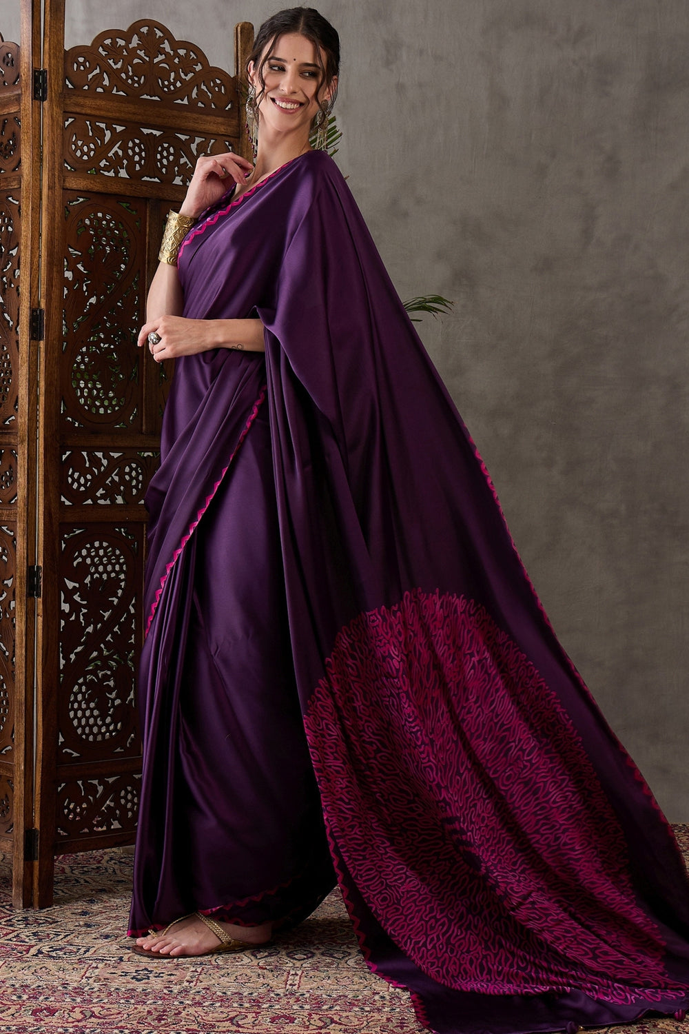 Purple Pure Gaji Silk Satin Printed Saree 