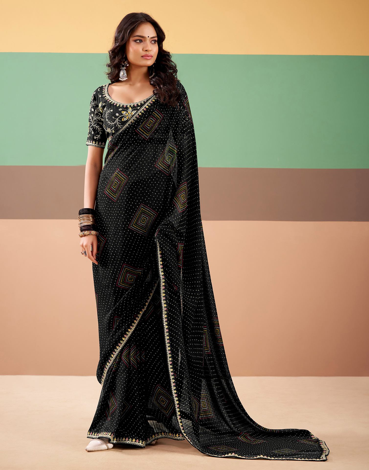 Black Georgette Fancy Pattern Saree with Meena Border