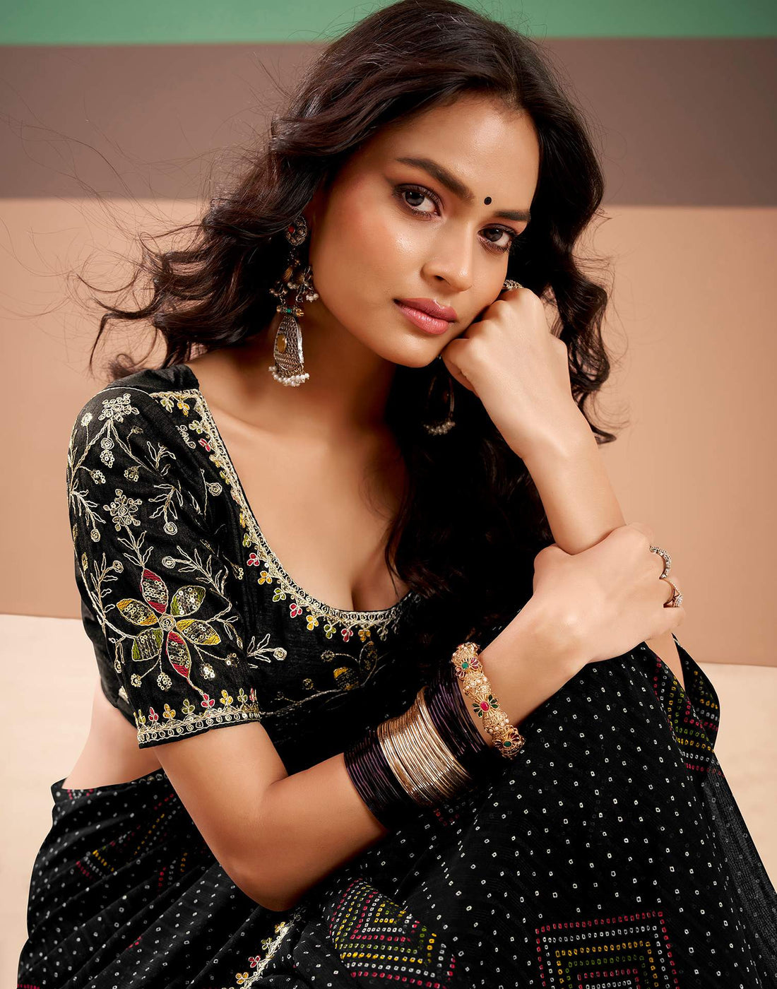 Black Georgette Fancy Pattern Saree with Meena Border