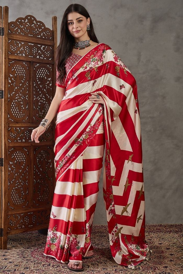 Red & Ivory Semi Modal Floral Printed Party Wear Saree with Blouse ##color## Floral Printed Saree with premium fabric and embroidery