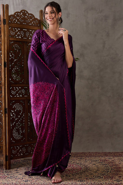 Purple Pure Gaji Silk Satin Printed Saree 