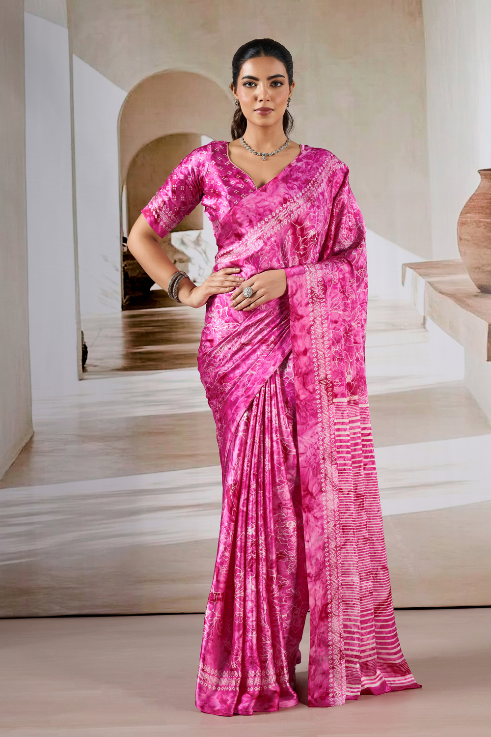 Pink Modal Satin Hand Prism Print Saree 