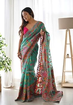 Green Pure Soft Pashmina Kachi Work Saree