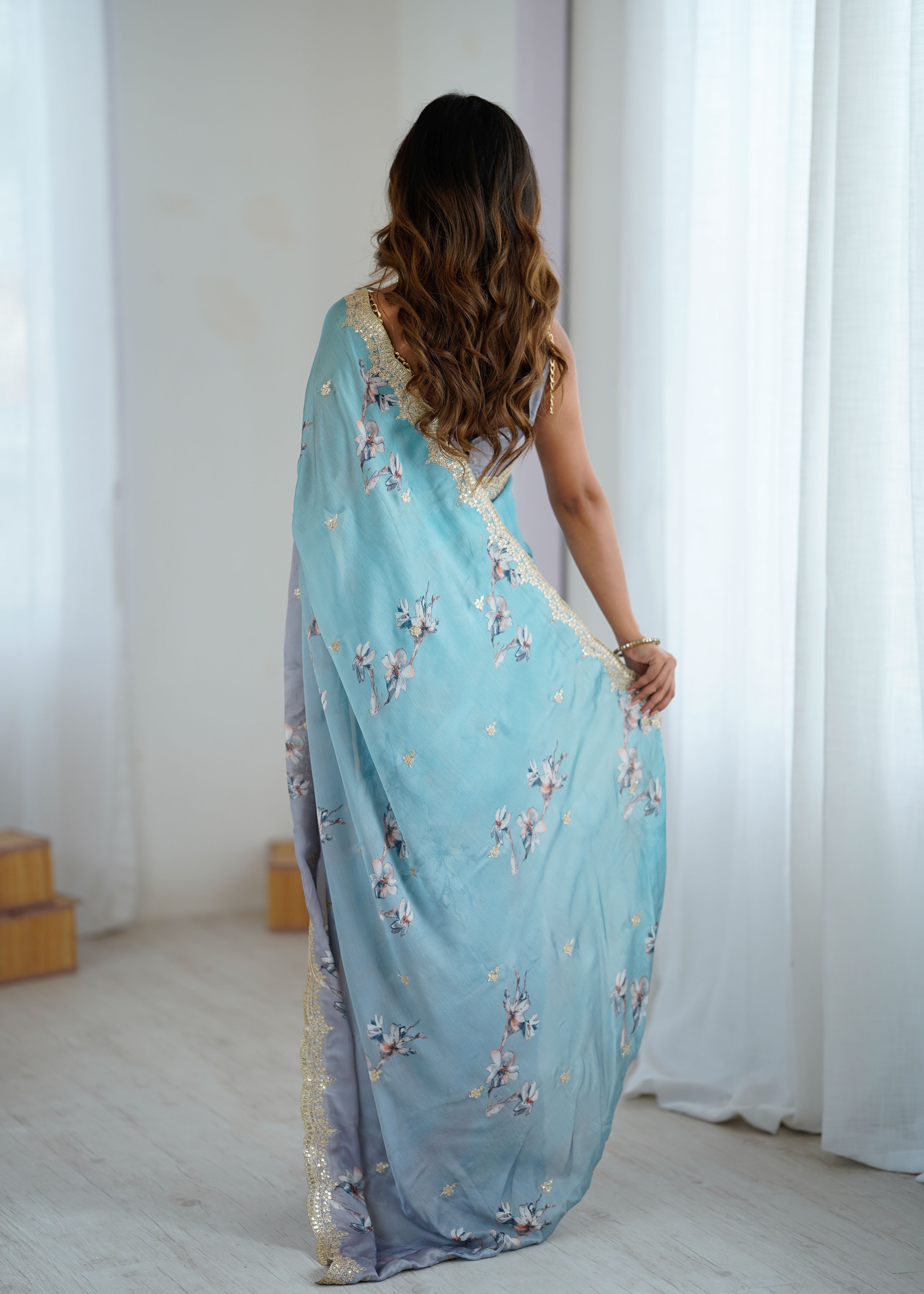 Aqua Blue Two Tone Satin Silk Sequins Embroidery Ready to Wear Saree 