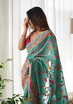 Green Pure Soft Pashmina Kachi Work Saree