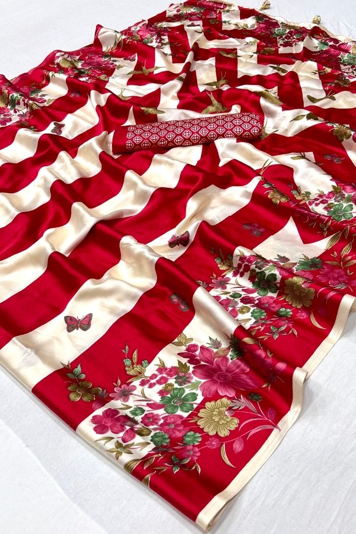 Red &amp; Ivory Semi Modal Floral Printed Party Wear Saree with Blouse 