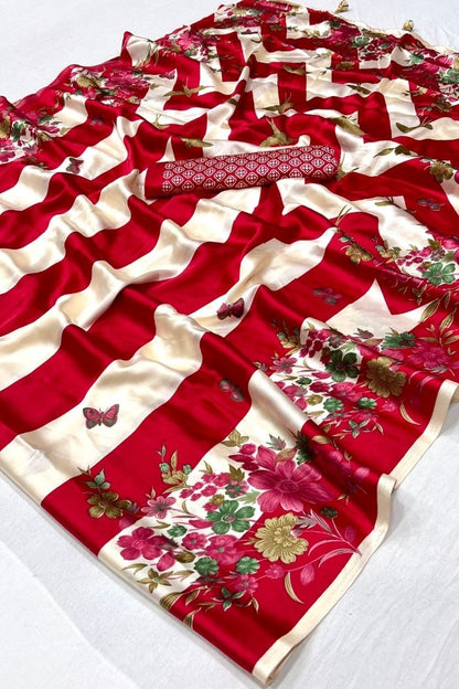 Red &amp; Ivory Semi Modal Floral Printed Party Wear Saree with Blouse 