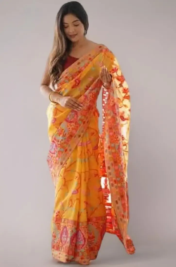 Yellow Pure Soft Pashmina Kachi Work Saree