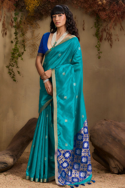 Blue Pure Tussar Handloom Silk Saree 