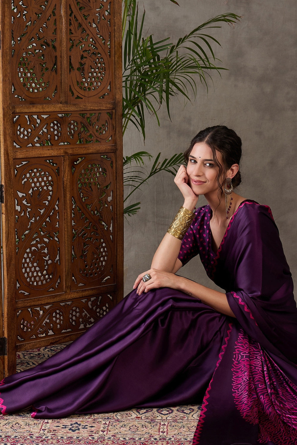 Purple Pure Gaji Silk Satin Printed Saree 