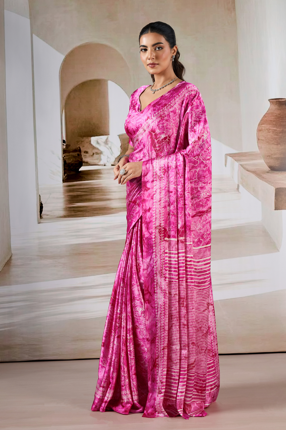 Pink Modal Satin Hand Prism Print Saree ##color## Japan Satin Saree with premium fabric and embroidery