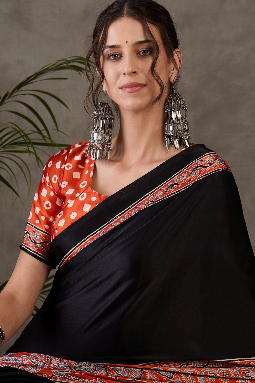 Licorice Black Pure Soft Modal Satin Ajrakh Print Satin Saree Japan Satin Saree Anant Tex Exports Pvt.Ltd..
