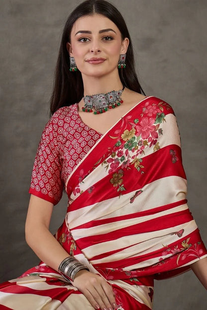 Red &amp; Ivory Semi Modal Floral Printed Party Wear Saree with Blouse 