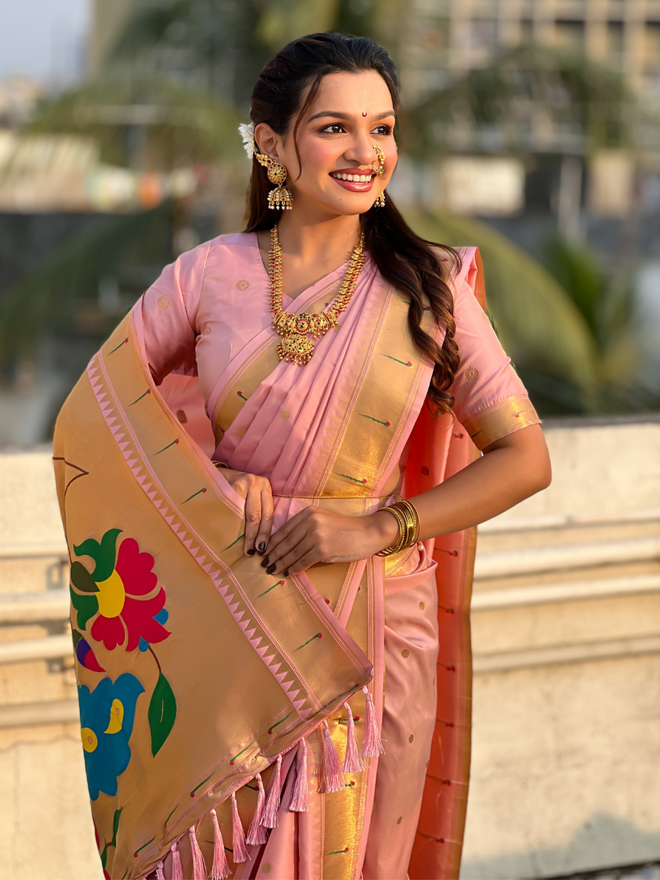 Baby Pink Wedding Special Nauvari Paithani Soft Silk Saree ##color## Paithani Saree with premium fabric and embroidery