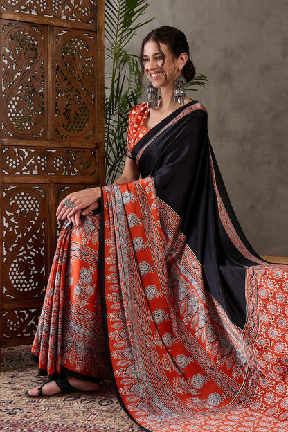 Licorice Black Pure Soft Modal Satin Ajrakh Print Satin Saree Japan Satin Saree Anant Tex Exports Pvt.Ltd..