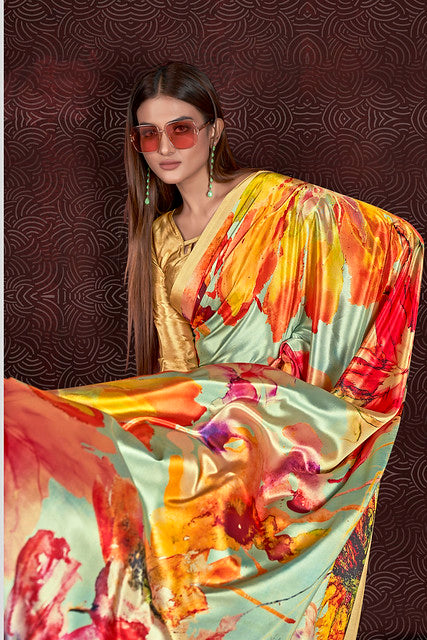 Yellow Pure Soft Crape With Flower Print Satin Saree 