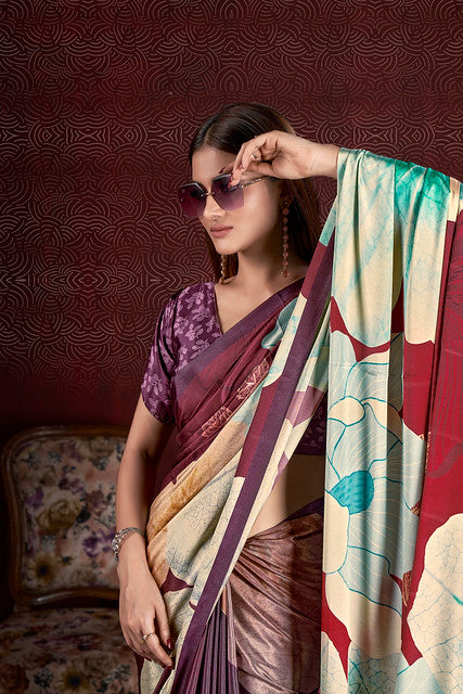 Purple Pure Soft Crape With Flower Print Satin Saree ##color## Japan Satin Saree with premium fabric and embroidery
