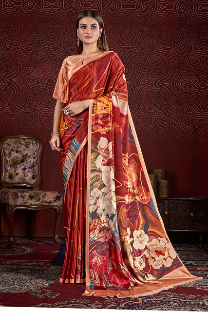 Red Pure Soft Crape With Flower Print Satin Saree