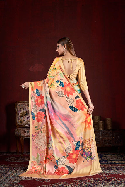 Yellow Pure Soft Crape With Flower Print Satin Saree 